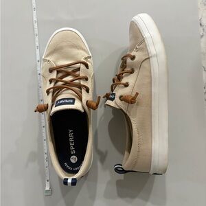 Sperry Women’s Beige Canvas Boat Shoes with Navy Detail - Size 9